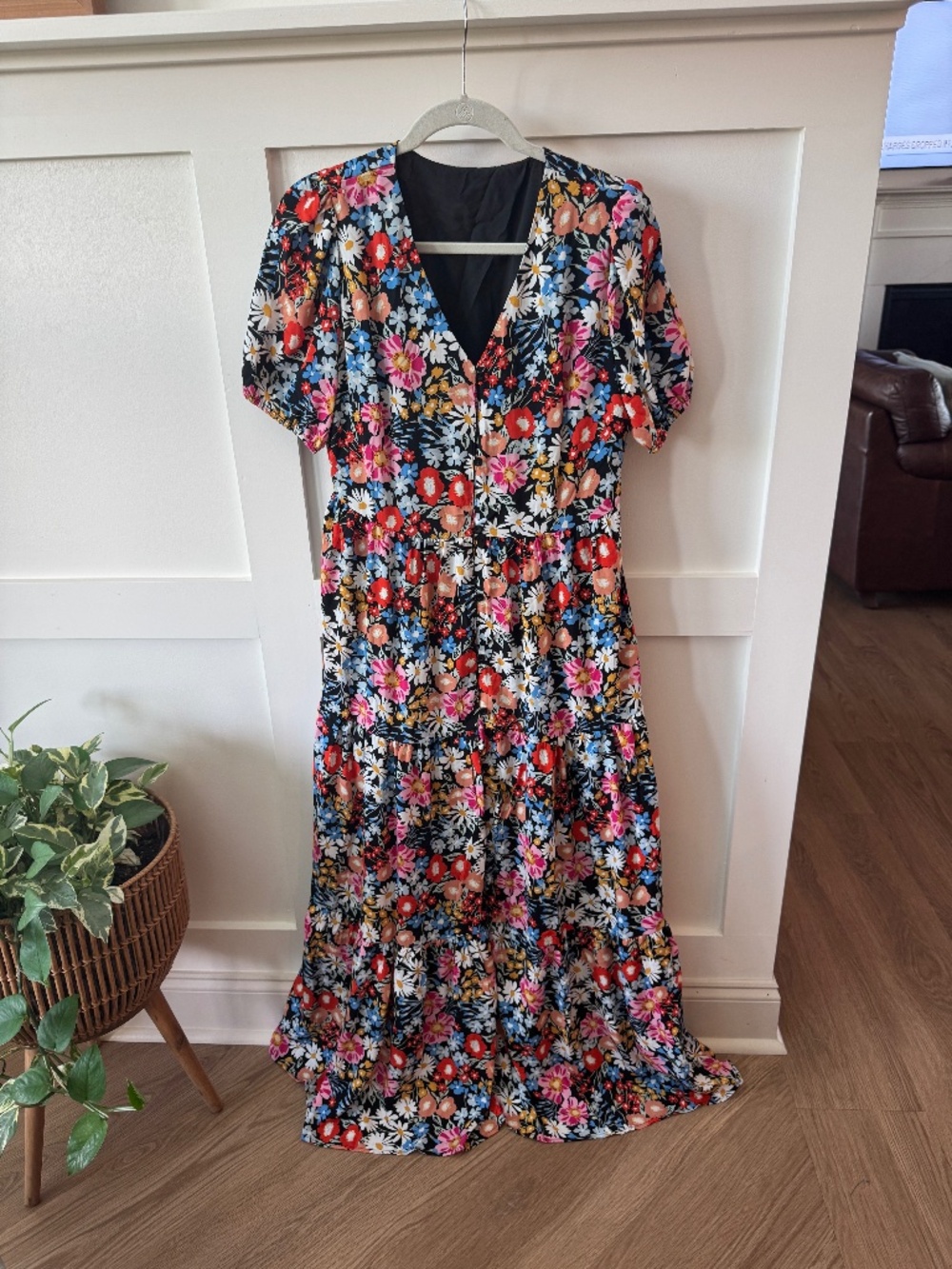 Black Multicolor Floral Button Front Tiered Maxi Dress